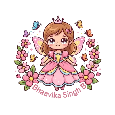 A cute cartoon fairy princess with big sparkling eyes, wearing a pink gown, surrounded by whimsical pink flowers and tiny cartoon butterflies, in a soft, playful style. Text 'Bhaavika Singh B' subtly integrated into the design.
