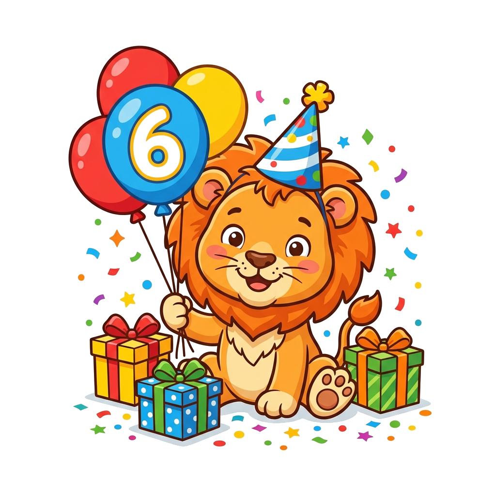Design artwork: A cheerful, friendly cartoon lion cub wearing a party hat, holding a balloon with the number 6 on it, surrounded by c...