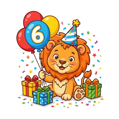Custom design: A cheerful, friendly cartoon lion cub wearing a party hat, holding a balloon with the number 6 on...