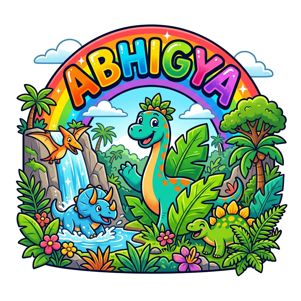 Custom design: A vibrant, cheerful illustration of a lush prehistoric landscape with friendly, colorful cartoon dinosaurs playing am...