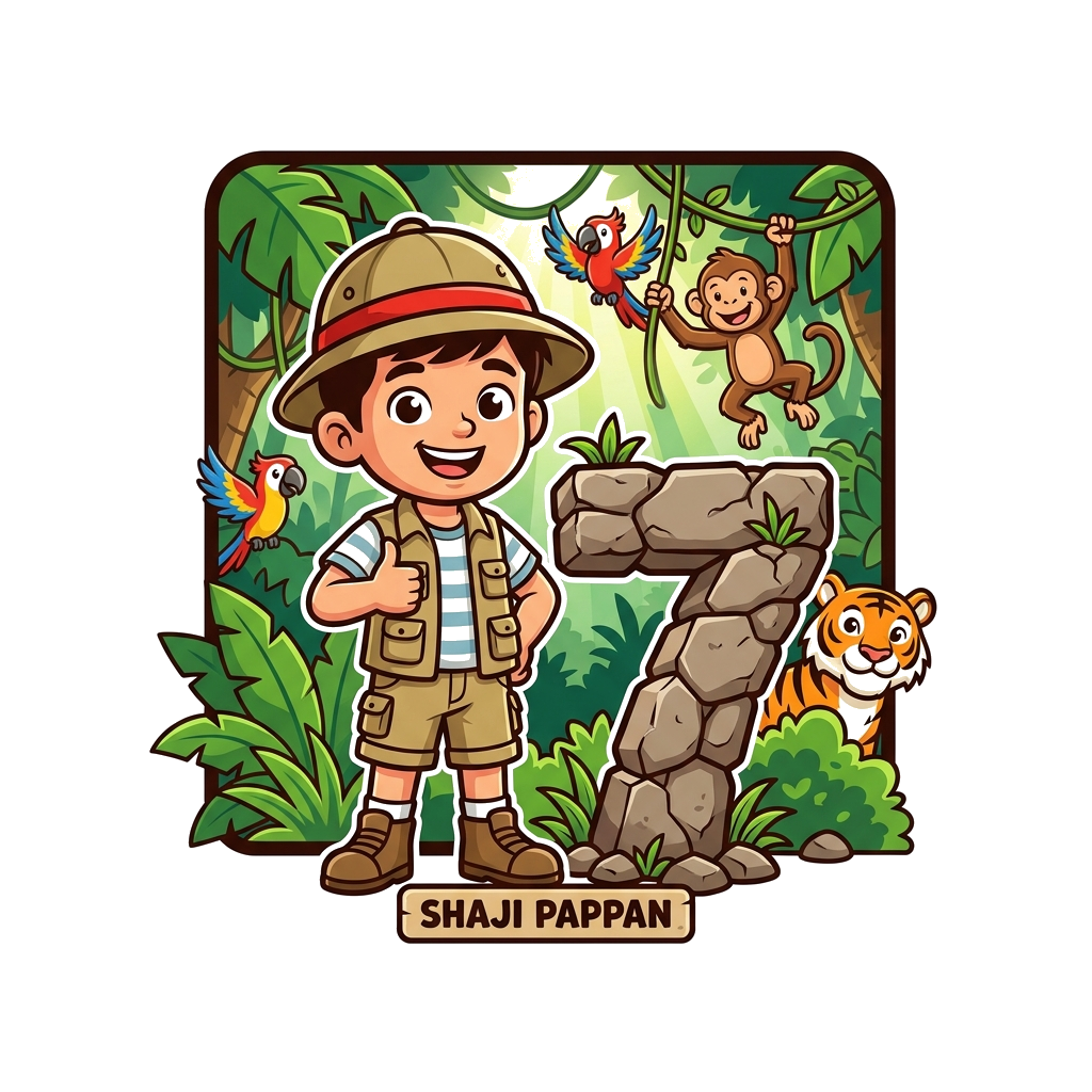 Custom design: A brave cartoon explorer boy, 'Shaji Pappan', wearing an adventure hat, standing triumphantly next to a large number ...