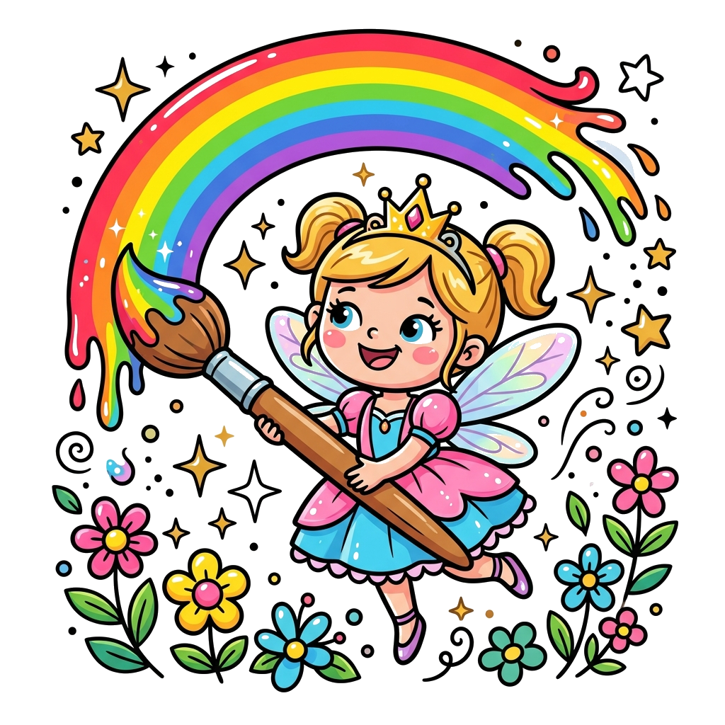 Custom design: A cute cartoon fairy princess happily painting a colorful rainbow with a giant brush, surrounded by sparkling stars a...