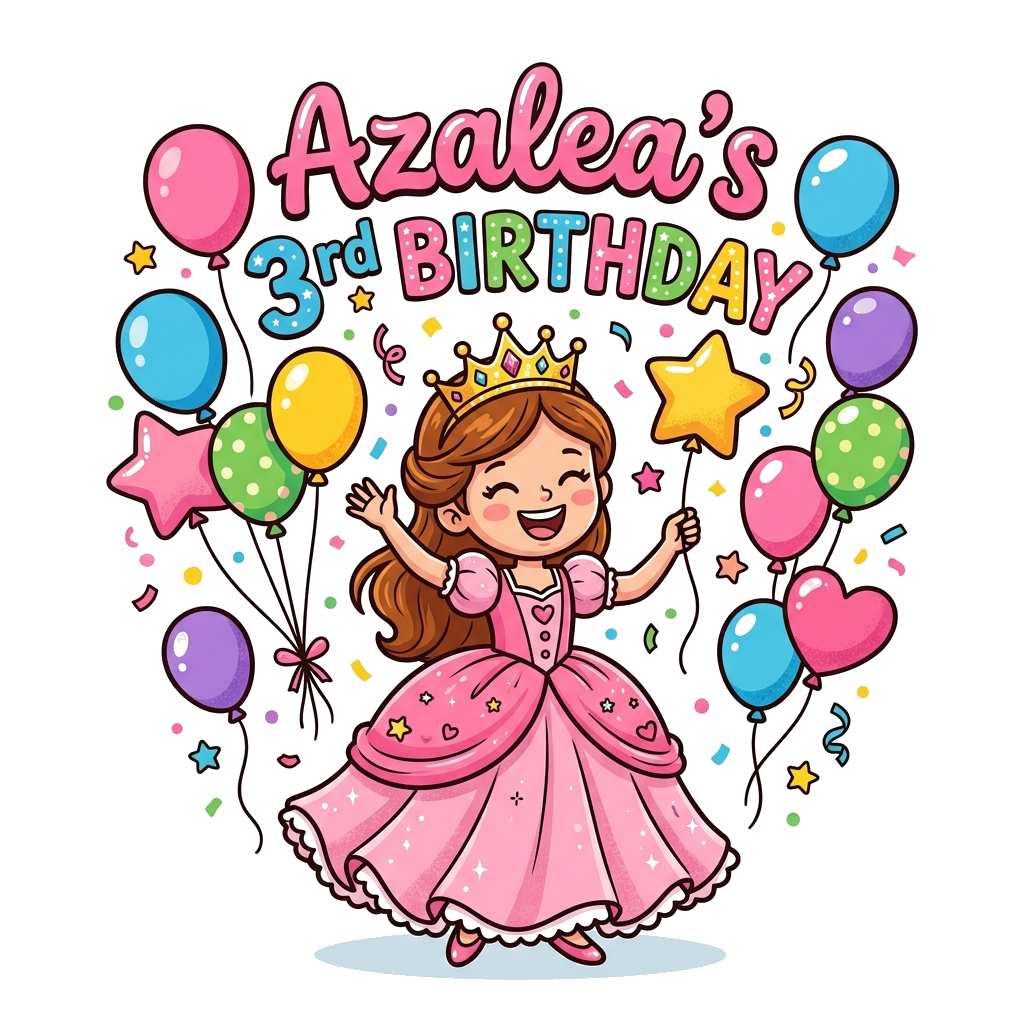 Design artwork: A whimsical illustration of a cheerful cartoon princess, with a crown and a flowing gown, surrounded by colorful ball...