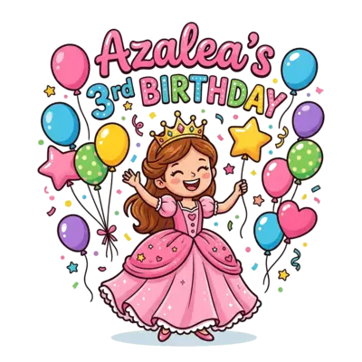 Custom design: A whimsical illustration of a cheerful cartoon princess, with a crown and a flowing gown, surroun...