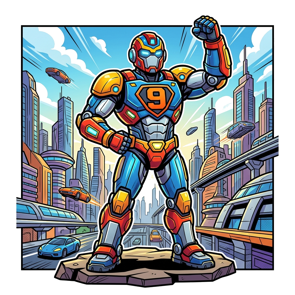 Custom design: A powerful superhero robot standing triumphantly with the number 9 prominently displayed on its chest, in a dynamic p...