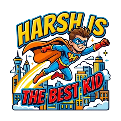 A dynamic illustration of a young superhero character, flying powerfully through a stylized city background, with a cape billowing. The text 'Harsh is the best kid' integrated creatively into the design, in a bold, comic-book style.