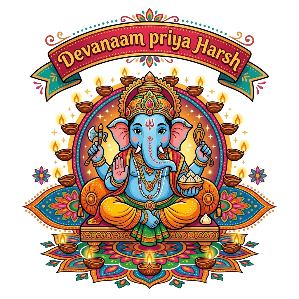 Custom design: A charming illustration of a cute, cartoon-style Lord Ganesha sitting happily amidst glowing diyas and colorful rango...