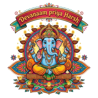 A charming illustration of a cute, cartoon-style Lord Ganesha sitting happily amidst glowing diyas and colorful rangoli patterns, with a banner above him saying 'Devanaam priya Harsh' in a festive font, vibrant Indian folk art style.