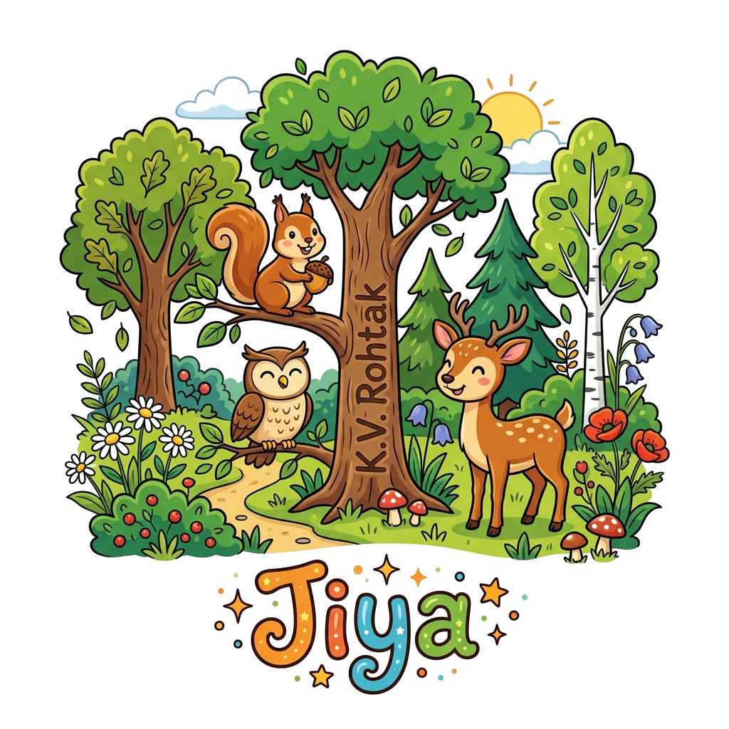 Custom design: A cheerful cartoon forest scene with friendly animals like a squirrel, an owl, and a deer, all smiling amidst trees a...
