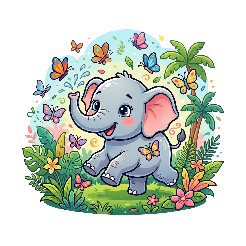 Custom design: A super cute baby elephant illustration, with big innocent eyes, playing with colorful butterflies in a lush green ju...