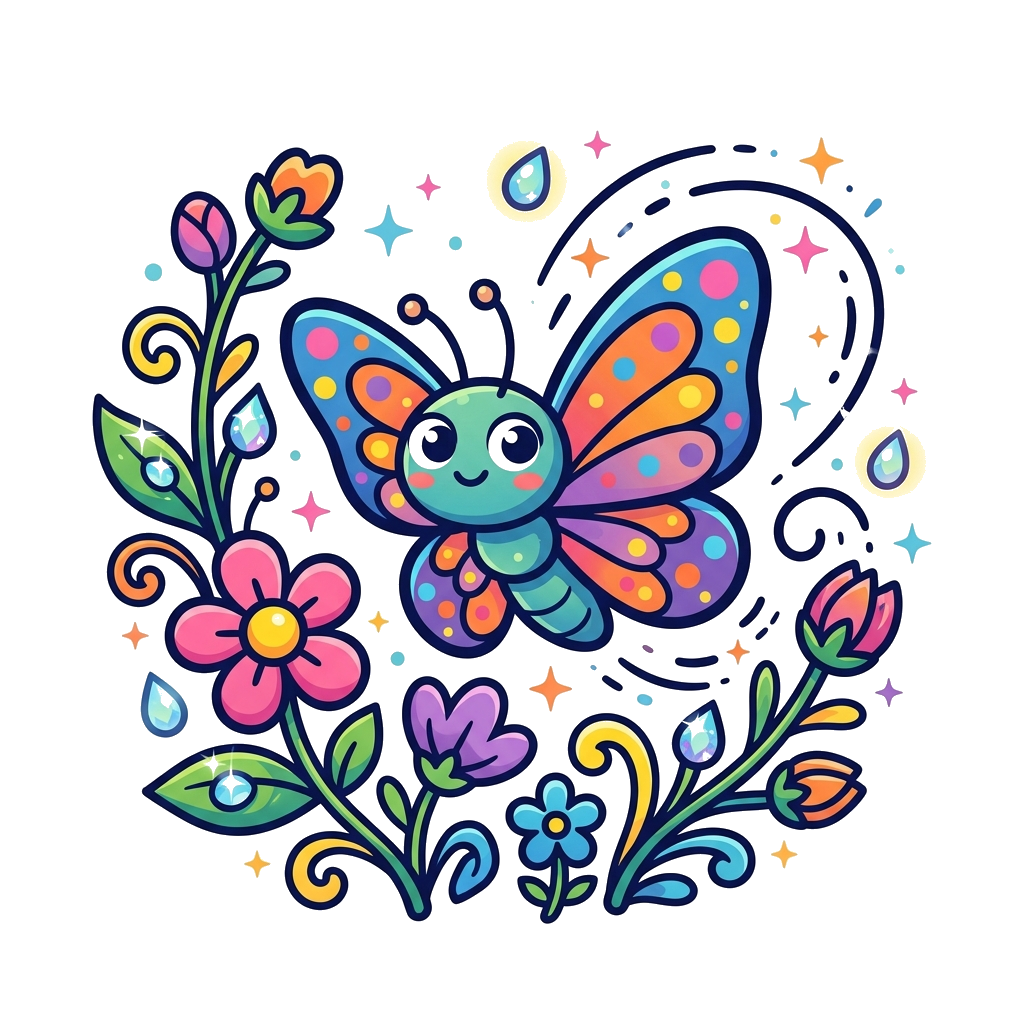 Custom design: A super cute cartoon butterfly with big, friendly eyes and colorful, polka-dotted wings, fluttering around whimsical ...