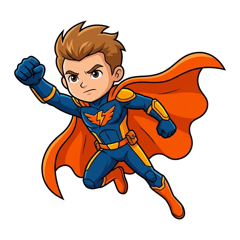 Custom design: A powerful and determined young superhero character, in a dynamic pose, wearing a sleek costume with vibrant orange a...