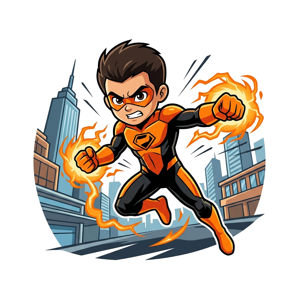 Custom design: A realistic and powerful illustration of a young superhero in an action pose, with a sleek orange and black suit, gen...