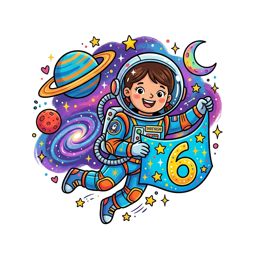 Custom design: A cheerful cartoon astronaut girl, 'Shreyashi', floating happily among colorful planets, twinkling stars, and a vibra...