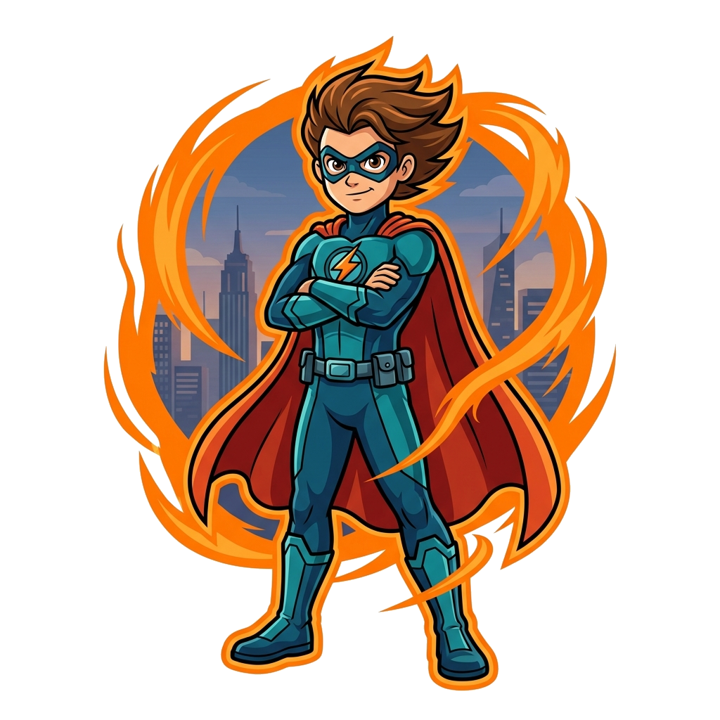 Custom design: A detailed, realistic illustration of a young superhero standing confidently, a vibrant orange power aura surrounding...