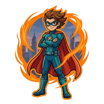 A detailed, realistic illustration of a young superhero standing confidently, a vibrant orange power aura surrounding them, with a cityscape subtly blurred in the background. The art style is dramatic and inspiring.