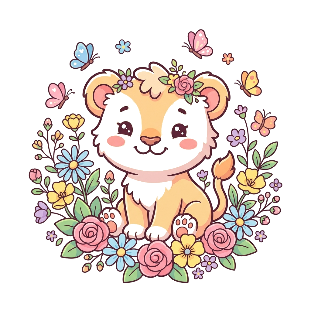 Custom design: A super cute, cartoon baby lioness cub, smiling sweetly, surrounded by colorful wildflowers and tiny butterflies, in ...