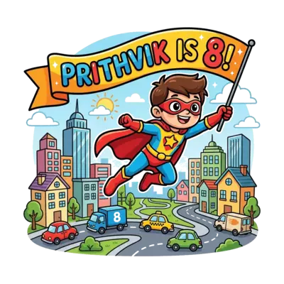 A cute cartoon superhero character, flying above a city with cartoon cars and trucks, holding a banner that says 'Prithvik is 8!', in a vibrant, playful style.