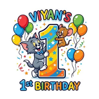 A cute cartoon illustration of baby Tom and baby Jerry playing happily around a giant number '1', with colorful balloons and confetti, in a cheerful and vibrant style. Text: "Viyan's 1st Birthday".