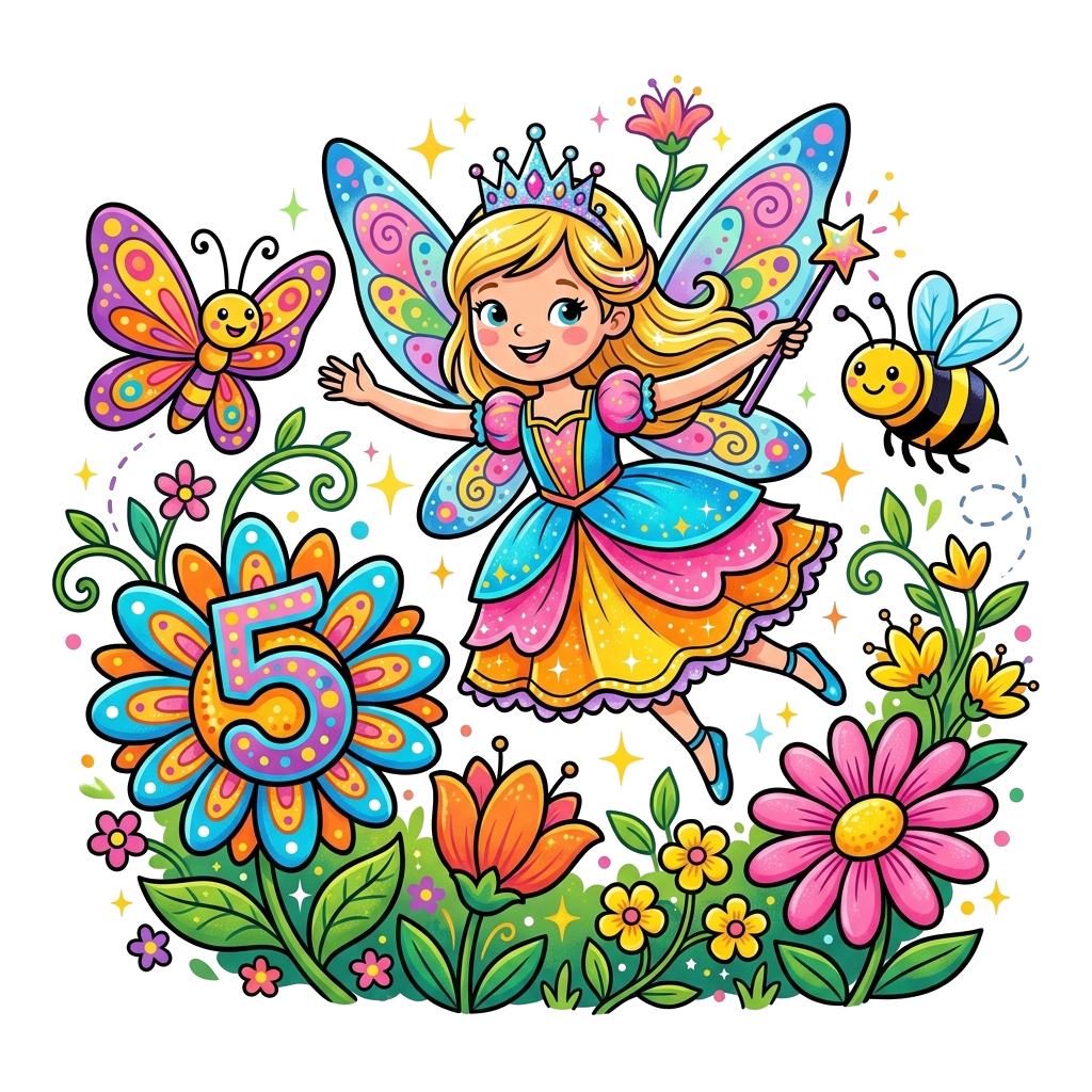 Custom design: A cheerful, bright, and colorful cartoon illustration of a whimsical fairy princess flying amidst a garden of oversiz...