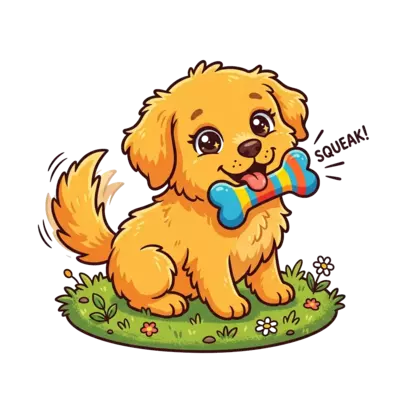 A super cute, fluffy cartoon golden retriever puppy with big, sparkling eyes, wagging its tail excitedly, playing with a colorful squeaky toy on a grassy patch. Vibrant, playful illustration style with soft shadows.