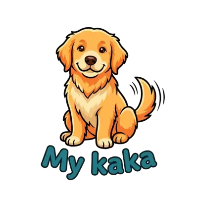 A realistic but friendly golden retriever puppy illustration, sitting happily with a wagging tail, with the text 'My kaka' subtly integrated below, on a clean background, vibrant and warm colors.