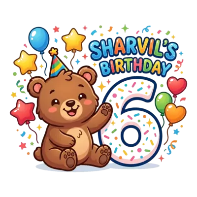 A cheerful cartoon bear cub wearing a tiny party hat, sitting next to a large number '6' decorated with sprinkles, with 'Sharvil's Birthday' written playfully, surrounded by balloons and confetti, vibrant colors, kawaii style, clean background.