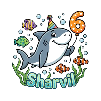 A super cute, friendly cartoon shark wearing a party hat, swimming underwater with colorful fish and bubbles, holding a number '6' balloon. The name 'Sharvil' is subtly integrated into the scene, vibrant and playful style.