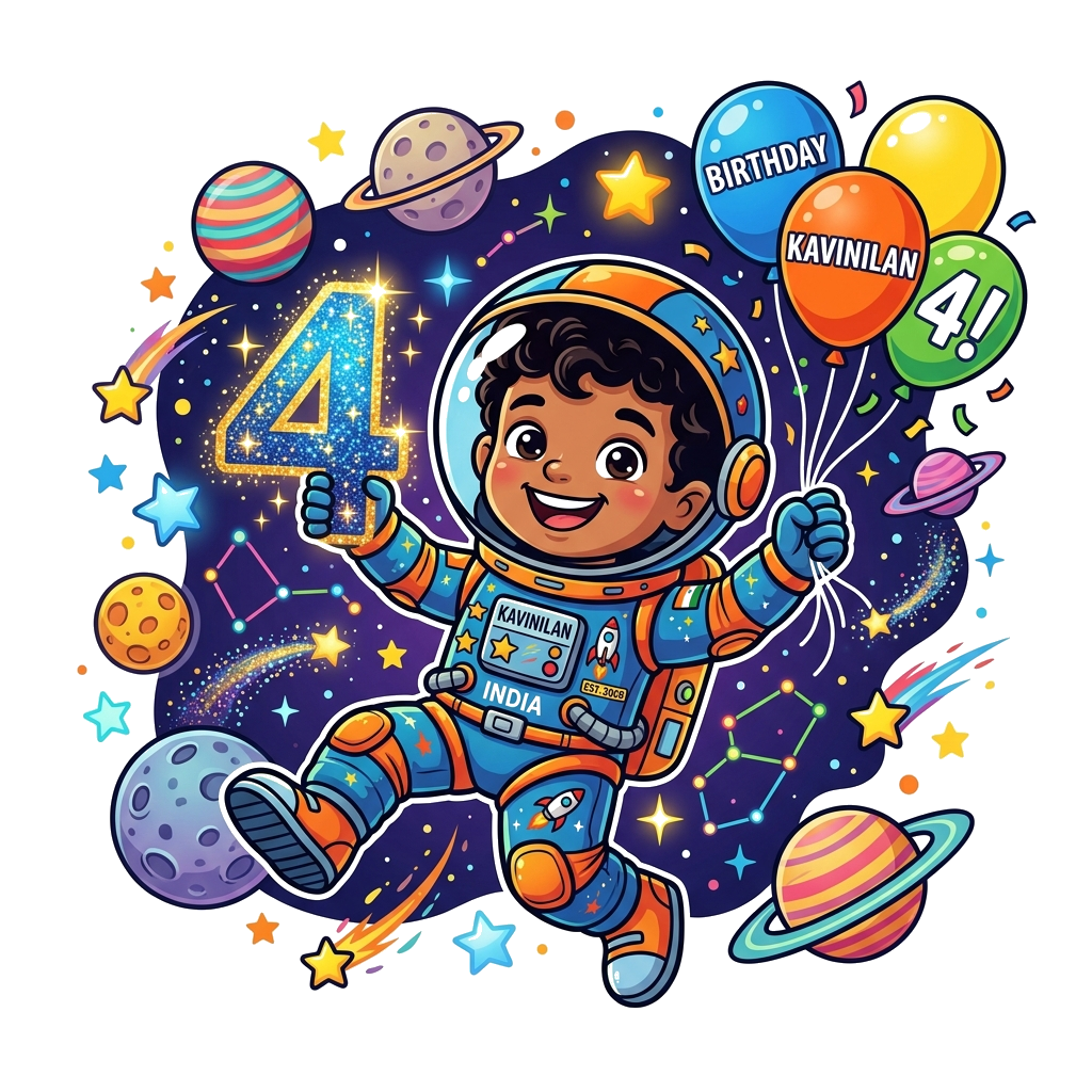 Custom design: A cheerful cartoon astronaut character, depicted as a young Indian boy named Kavinilan, floating happily in a vibrant...