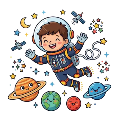 A cute cartoon astronaut, a little boy named DevNethran, floating happily in space surrounded by friendly planets with smiling faces and twinkling stars, vibrant colors, whimsical style.