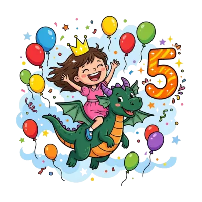 A joyful cartoon illustration of a happy 5-year-old girl, Arista, wearing a small crown, laughing while riding on the back of a friendly, smiling baby dragon. They are flying through a sky filled with colorful balloons and confetti, with a prominent '5' nearby. Vibrant, cheerful style.