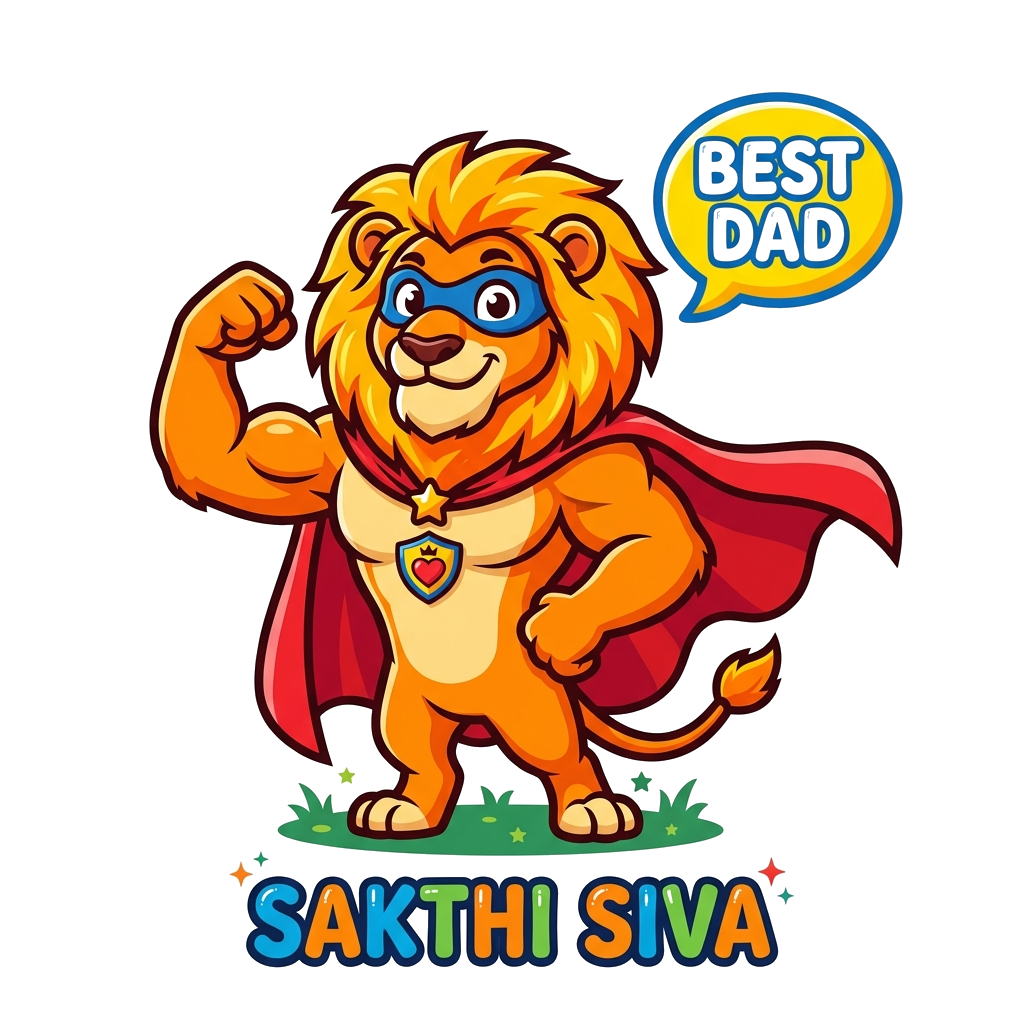 Custom design: A majestic cartoon lion wearing a superhero cape, flexing a muscle, with a speech bubble saying 'Best Dad'. Below it,...