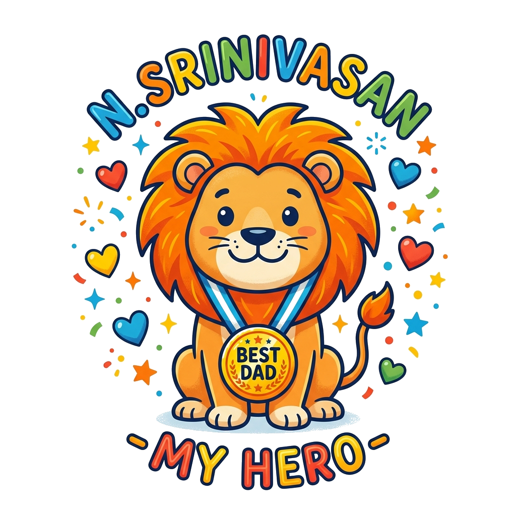 Custom design: A cute cartoon lion with a gentle smile, wearing a 'Best Dad' medal, with the text 'N.Srinivasan - My Hero' incorpora...