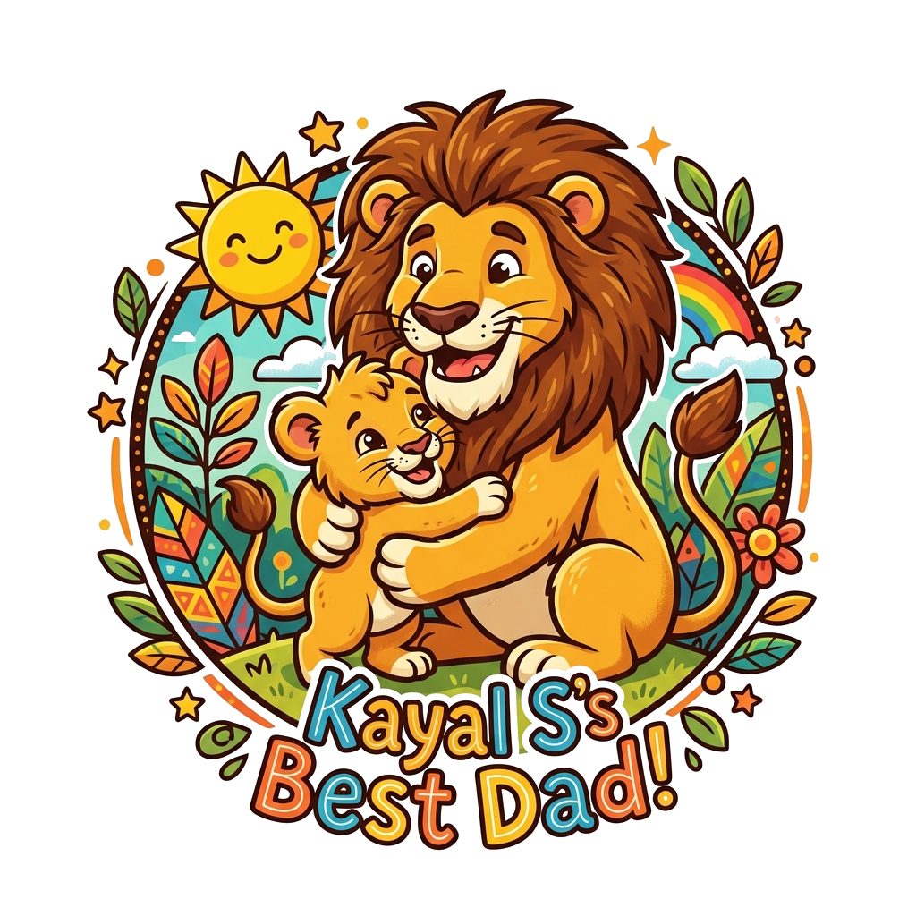 Custom design: A heartwarming illustration of a cute, cartoon baby lion cub hugging its strong, smiling papa lion. Both are depicted...
