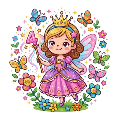 A cute cartoon fairy princess with a sparkling crown, holding a magical wand that glows with the number 4, surrounded by cheerful, brightly colored butterflies and whimsical flowers, in a vibrant, playful style.