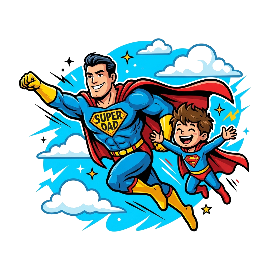 Custom design: A vibrant cartoon illustration of a strong, smiling dad and his happy 9-year-old child, both depicted as flying super...