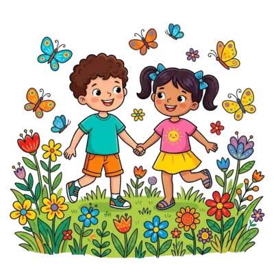 A vibrant cartoon illustration of a brother and sister holding hands amidst a field of colorful, stylized flowers and playful butterflies, with a modern, joyful aesthetic.